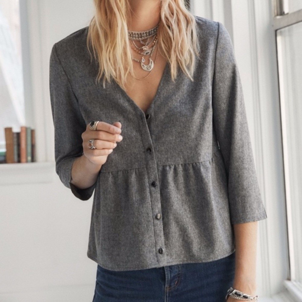 Sezane Leona Wool Blend Blouse Size 38 or US 6 Grey V-Neck Button Front Peplum